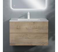 doporro Meuble de Salle de Bain Suspendu Chêne Clair 80x48x50cm Ensemble de 2 Pièces Meuble avec Lavabo Solid Surface Design Aqualis