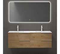 doporro Meuble de Salle de Bains 144 cm avec Double Lavabo Ensemble de 3 Pièces Vasque Miroir LED et Meuble sous Vasque Aspect de Chêne Design Vanessa