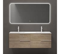 doporro Meuble de Salle de Bains 144 cm avec Double Lavabo Ensemble de 3 Pièces Vasque Miroir LED et Meuble sous Vasque Chêne Clair Design Vanessa