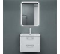 doporro Meuble de Salle de Bains Blanc Mat Ensemble de 3 Pièces Meuble sous Vasque Suspendu avec Lavabo et Miroir Led 60cm 2 Tiroirs Design Bavaria