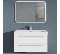 doporro Meuble de Salle de Bains Blanc Mat Ensemble de 3 Pièces Meuble Suspendu avec Lavabo 100 cm et Miroir LED Design Quadratto