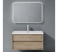 doporro Meuble de Salle de Bains Chêne Blanc Clair Ensemble de 3 Pièces Meuble avec Lavabo et Miroir LED Meuble sous-lavabo Suspendu 100cm avec Soft-close Design Rimo