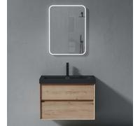 doporro Meuble de Salle de Bains Chêne Blanc Clair Ensemble de 3 Pièces Meuble avec Lavabo et Miroir LED Meuble sous-lavabo Suspendu 76,5cm avec Soft-close Design Rimo