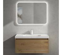 doporro Meuble de Salle de Bains Marron Clair Ensemble de 3 Pièces Meuble Suspendu avec Lavabo et Miroir LED 80cm avec Soft-close Design Salerno