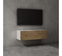 doporro Meuble TV Bas 100x40,2x30cm Armoire TV Blanc Mat + Marron Clair Table de Télévision Salon avec Porte Meuble TV Suspendu MBTV02