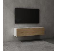 doporro Meuble TV Bas 120x40,2x30cm Armoire TV Blanc Mat + Marron Clair Table de Télévision Salon avec Porte Meuble TV Suspendu MBTV02