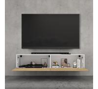 doporro Meuble TV Bas 140 cm Armoire TV Blanc Mat + Marron Clair Table de Télévision Salon avec 2 Portes Meuble TV Suspendu MBTV02