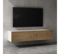 doporro Meuble TV Bas 140x40,2x30cm Armoire TV Blanc Mat + Marron Clair Table de Télévision Salon avec Portes Meuble TV Suspendu MBTV02