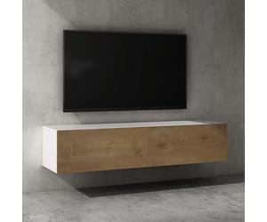 doporro Meuble TV Bas 140x40,2x30cm Armoire TV Blanc Mat + Marron Clair Table de Télévision Salon avec Portes Meuble TV Suspendu MBTV02