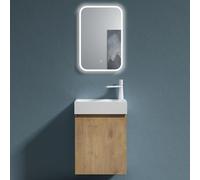 doporro Petit Meuble de Salle de Bain Suspendu 46cm Aspect de Chêne Ensemble de 3 Pièces Meuble avec Lavabo Solid Surface et LED Miroir Design Pisa02