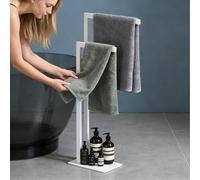 doporro Porte-Serviettes sur Pied 2 Barres Support Serviette Autoportant | avec Étagère, Acier Inoxydable, Blanc Mat, Porte-Serviettes Salle de Bain, Tavrin-02
