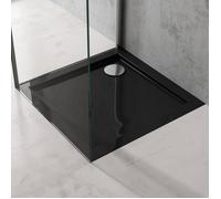 doporro Receveur de Douche Antiglisse Bac à Douche Carré Extraplat Acrylique Noir Faro01 70x70x4 cm + Bonde AL01