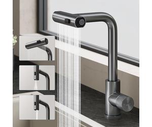 doporro Robinet de Cuisine avec Douchette Extractible Pivotant 360° | Mitigeur à Arc Élevé, Gris, 3 Modes, en Acier Inoxydable, Eau Chaude et Froide, 31,6cm, Turnix-02