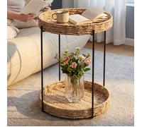 doporro Table d'Appoint Ronde, Bout de Canapé à 2 Étagères Amovibles, Table Basse Noir, Plateaux en Papier Tressé, Reglo-08