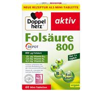 Doppelherz Acide folique 800 DEPOT - Avec vitamine C + vitamine B pour soutenir le fonctionnement normal du système immunitaire - VEGAN - 60 mini comprimés