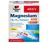 Doppelherz Magnesium 400 DIRECT Complément alimentaire avec magnésium pour favoriser le bon fonctionnement musculaire, avec de la vitamine B6, B12 et de l’acide folique, 1 x 20 doses de microgranules