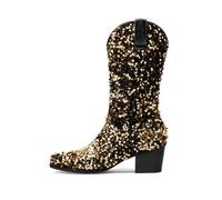 d'or,37,Bottes de Cowboy Western pour Femme, Bottes Hautes à Paillettes Scintillantes et Bout Pointu, Style Cowgirl, Bottes de Mariage mi-Mollet Brillantes à Enfiler