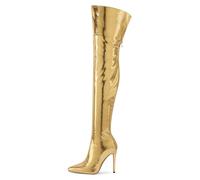 d'or,39 EU,Bottes Hautes en Cuir Verni PU pour Femmes, Bout Pointu, Fermeture éclair au Dos, Tendance, Confortables, Talon Aiguille, au-Dessus du Genou, pour Bal de Promo