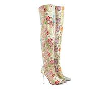d'or,40 EU,Bottes Cuissardes pour Femmes, Bout Pointu, Talons Aiguilles, Bottes au-Dessus du Genou, Mode brodée, Fermeture éclair au Dos, Chaussures de soirée