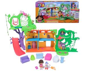 Dora - Maison Interactive De La Forêt Tropicale - 2 Figurines & 8 Accessoires - Musiques & Effets Sonores - Bilingue Français Anglais - Dessin Animé Jouet Maison De Poupée - Jouet Enfant 3 Ans Et +
