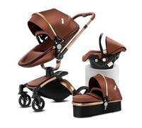 Doraystar 360° Rotation Cuir PU Poussette 3 en 1, Poussette Bebe avec Conception Pliable en Un Clic, Poussette Canne avec Grande Nacelle Confortable, Poussette Trio avec Cadre en Aluminium (906 Brown)