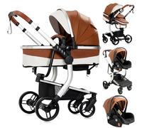 Doraystar Cuir PU Poussette 3 en 1 avec Poussée Réversible Bidirectionnelle, Conception Pliable en Un Clic, Grande Nacelle - Trio Bebe Canne (518 Khaki)