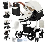 Doraystar Cuir PU Poussette 3 en 1, Poussette Bebe avec Poussée Réversible Bidirectionnelle, Poussette Canne avec Conception Pliable en Un Clic, Poussette Trio avec Grande Nacelle (L518 White)