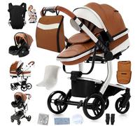 Doraystar Cuir PU Poussette 3 en 1, Poussette Bebe avec Poussée Réversible Bidirectionnelle, Poussette Canne avec Conception Pliable en Un Clic, Poussette Trio avec Grande Nacelle (L518 Khaki)