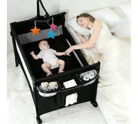 Doraystar Lit Parapluie de Voyage Pack and Play, Pliables Bébé Lits pour Tout-Petits a Côté de Moi et Lit de Chevet Portable Grand avec Table a Langer et Matelas 2 Niveaux (6602 Black Without Net)