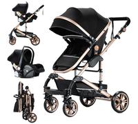 Doraystar Poussette 3 en 1, Pousette Bebe avec Poussée Réversible Bidirectionnelle, Pousette Canne avec Conception Pliable en Un Clic, Poussette Trio avec Grande Nacelle (739 Black Gold)