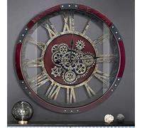 DORBOKER Horloge Murale Engrenages Mobiles Geante 68cm Industrielle Bois Massif Vintage Pendule Murale Silencieuse Steampunk Chiffres Romains pour Salon Cuisine Bar Bureau(Rouge,60cm)