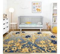 Doré Bleu Foncé Résistant Antidérapant Plante Fleur Sauvage Feuille Texture Tapis, Bohème Moderne Doux à Poils Courts Lavable en Machine Tapis, pour Salon Salle Chambre, 60 x 110 cm
