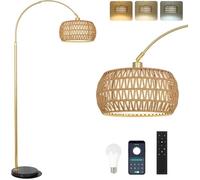 Doré Lampe À Arc Salon Lampadaire, Lampadaire Moderne Avec Abat-Jour En Rotin, Lampadaire Boho Avec Télécommande Et Ampoule Led, Co