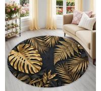 Doré Tapis Rond Lavable Machine, Nature Tropical Interieur Anti Slip Tapis | Jungle Plantes Feuilles De Monstera Fougères Chambre Tapis, 200 cm Absorbant Antidérapant Tapis pour Enfant Salon d'Entrée
