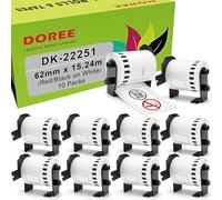 Doree Lot de 10 rouleaux d'étiquettes autocollantes DK-22251 - Rouge/noir sur blanc - 62 mm x 15,24 m - Compatible avec Brother QL-500, QL-570, QL-700, QL-720NW, QL-800, QL-810W, QL-820NWB, QL-1100