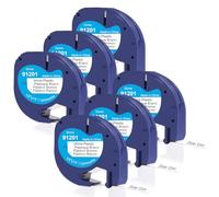 DOREE (lot de 6) 91201/91221 S0721660 Ruban plastique,12 mm x 4 m, noir sur blanc,Dymo Letratag Plastic Tape hautement imperméable, compatible avec Dymo Letratag LT-100H,LT-100T,XR,XM,QX50,200B.