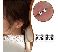 d'oreilles en forme Panda mignonnes pour femmes, boucles d'oreilles Panda créatives à la mode pour filles, cadeau Argent Double Anneau Plaqué (Black, 0. 4x0. 5cm)
