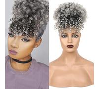 DOREN Queue de Cheval Afro avec Frange Bouclée pour Femmes #T1B/Gris Extensions de Cheveux Synthétiques avec Clip 30,4 cm(12 pouces)