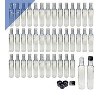 Dorica Lot de 42 bouteilles en verre transparent 250 ml avec bouchon noir PP31.5 et bec verseur - Idéal pour les huiles, les jus et le vinaigre - Bouteille robuste pour une longue durée de vie et un