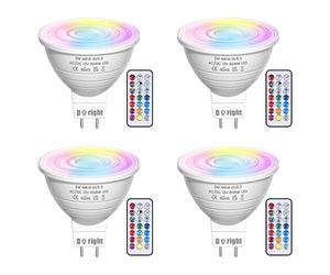 DoRight 3W MR16 GU5.3 LED RGB Ampoules, 12V Dimmable Changement de Couleur MR16 LED Spot Light avec Télécommande, 16 Couleurs avec Mémoire et Fonction de Synchronisation, Blanc Chaud 3000K - lot a 4