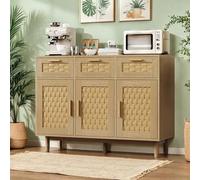 Dormely Buffet en rotin avec 3 tiroirs et 3 Portes, Meuble de Rangement avec placards à Portes en cannage, Commode en tiroirs avec Pieds, Buffet Rangement pour Couloir,Entrée,Chêne,107.9x40x80cm