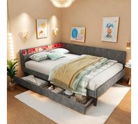 Dormely Cadre de lit 140x200, Canapé Convertible avec LED et USB, Lit Coffre avec Tete Rangement et 2 tiroirs, Lits rembourré pour Ados et Adultes, Gris Velours sans Matelas