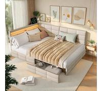 Dormely Canapé Lit 140x190 avec Rangement, Lit Coffre avec 2 tiroirs, LED lit avec Ports USB, montable des Deux côtés, Clic clac aux Chambres, Studios et Salons, Beige Lin, sans Matelas