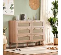 Dormely Commode 6 Tiroirs, Meuble de Rangement en Rotin, Armoire Buffet avec antichute et Pieds surélevés, Chiffonnier Bois pour Chambre, Salon, Bureau, 100x34x73 cm