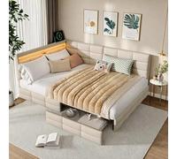 Dormely Lit 140x200 avec LED et Ports USB, Tête de lit en L avec Rangement, Canapé lit avec 2 tiroirs, Cadre Lits avec sommier à Lattes, montable des Deux côtés, Beige Lin rembourré, sans Matelas