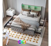 Dormely Lit 180x200 Coffre avec 4 Tiroirs, LED Lit Double avec Ports USB/C,Tête de lit avec Rangement Ouvertes,Cadre Lits capitonné pour Adultes et Ados, Blanc Velours sans Matelas