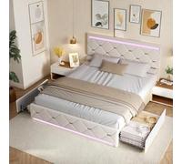 Dormely Lit Coffre 140x190 avec 4 tiroirs, Lit Double rembourré avec Lumières LED et Port USB, Cadre de lit avec Sommier à Lattes, pour Adultes et Adolescents, Blanc Tissu en Velours, sans Matelas