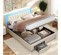 Dormely Lit Coffre 180x200 avec 2 Tiroirs, Cadre de Lit avec Éclairage LED et Sommier à Lattes, pour Adultes et Adolescents,Blanc, Velours, sans Matelas