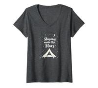 Dormir sous Les étoiles : Aventure de Camping Confortable T-Shirt avec Col en V, Femme, Chiné Foncé, L