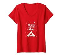 Dormir sous Les étoiles : Aventure de Camping Confortable T-Shirt avec Col en V, Femme, Rouge, L